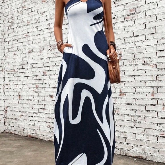SEXY Graphic Print Criss Cross Halter Neck Hidden Pocket Maxi Dress *NEW* - Picture 7 of 8
